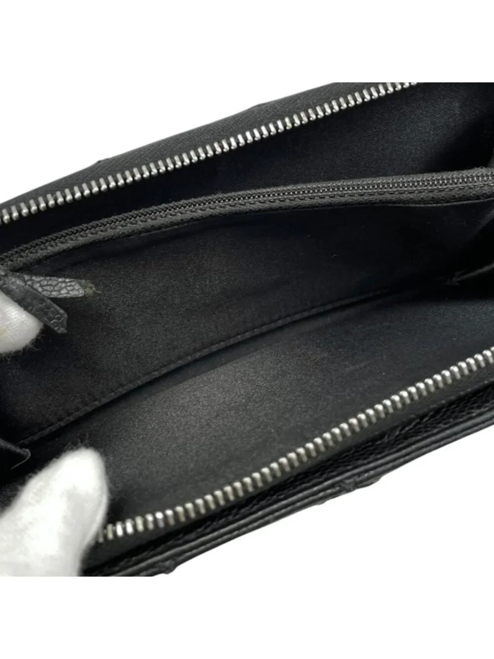 Chanel 2 Fold Wallet Wild Stitch Quilted Caviar Leather CC Logo Black Silver